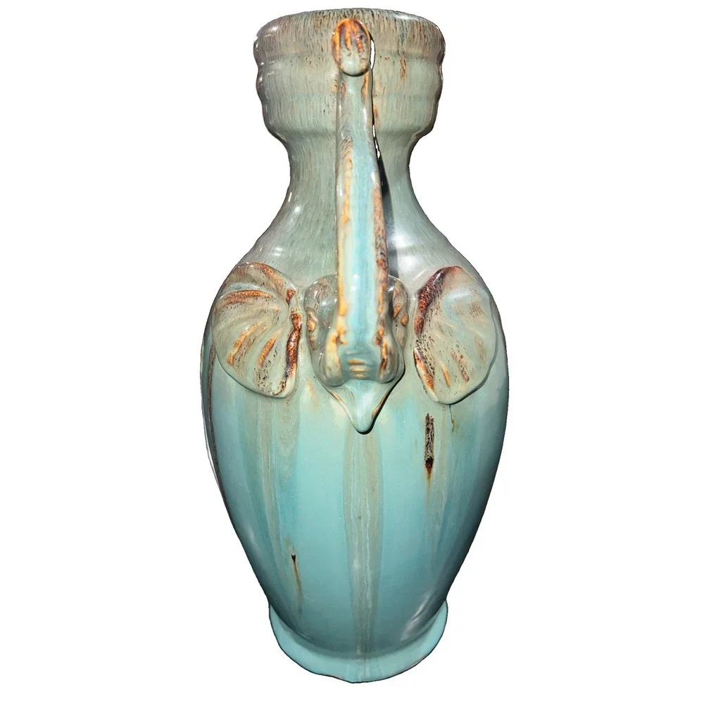 15/ Vintage Ceramic Large Drip Glaze Vase Double Elephant Head Handles Turquoise